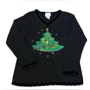 The Quacker Factory Sweater‎ Woman’s M Med Christmas Sequined Velour V-neck Cozy